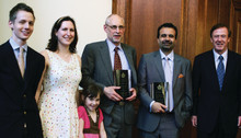From left, co-chairs Ian Corey-Boulet '08 and Elizabeth Grefrath '08, co-chairs of the Academic Awards Committee of the Columbia College Student Council, joined Isabel Bauer-Nathan, her father, Andrew Nathan, Joseph Massad and Dean Austin Quigley at the awards presentation. Photo: Tina Gao '10 Barnard